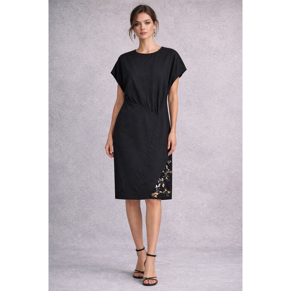 Jil Sander Patchwork Black Wool & Silk Midi Dress Asymmetrical Sequin Sheath EUC